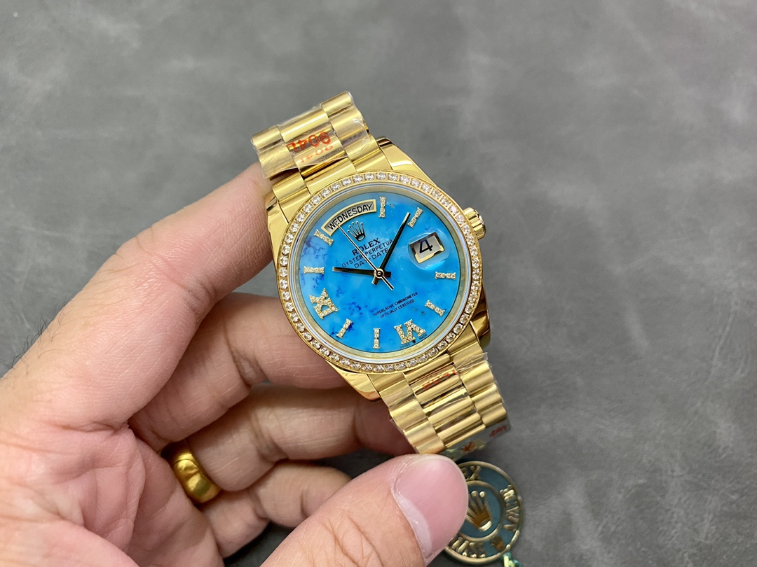 Rolex Day-Date 128348RBR Turquoise Diamond Dial Yellow Gold 36MM Unisex Replica Watch