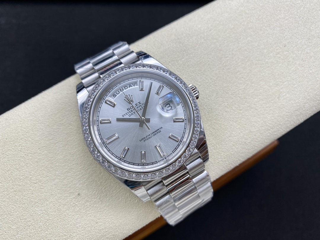 Rolex Day-Date 228349RBR Silver Dial Diamond Bezel 40mm Mens Replica Watch
