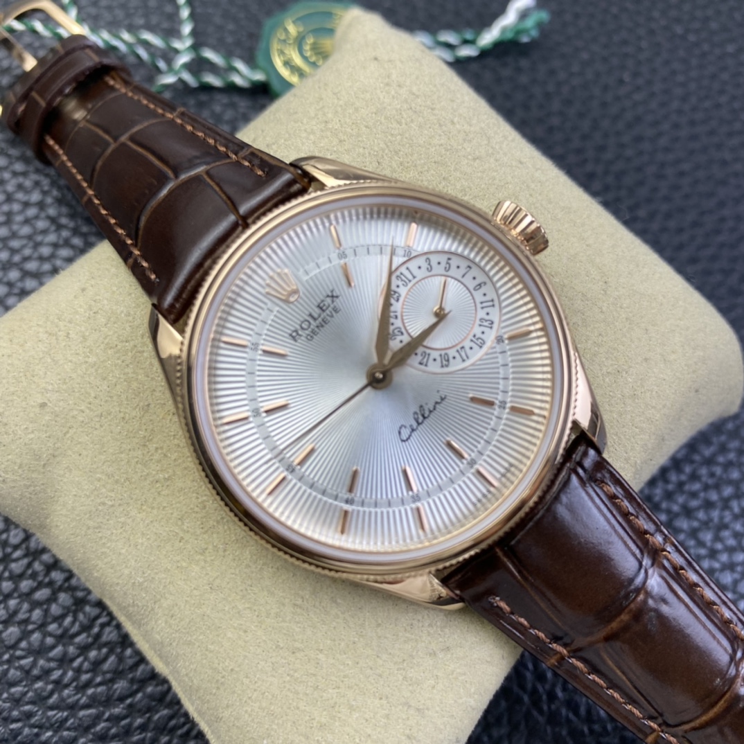 Rolex Cellini Date Rose Gold Silver Crocodile Leather Strap 50515 39mm Mens Replica Watch