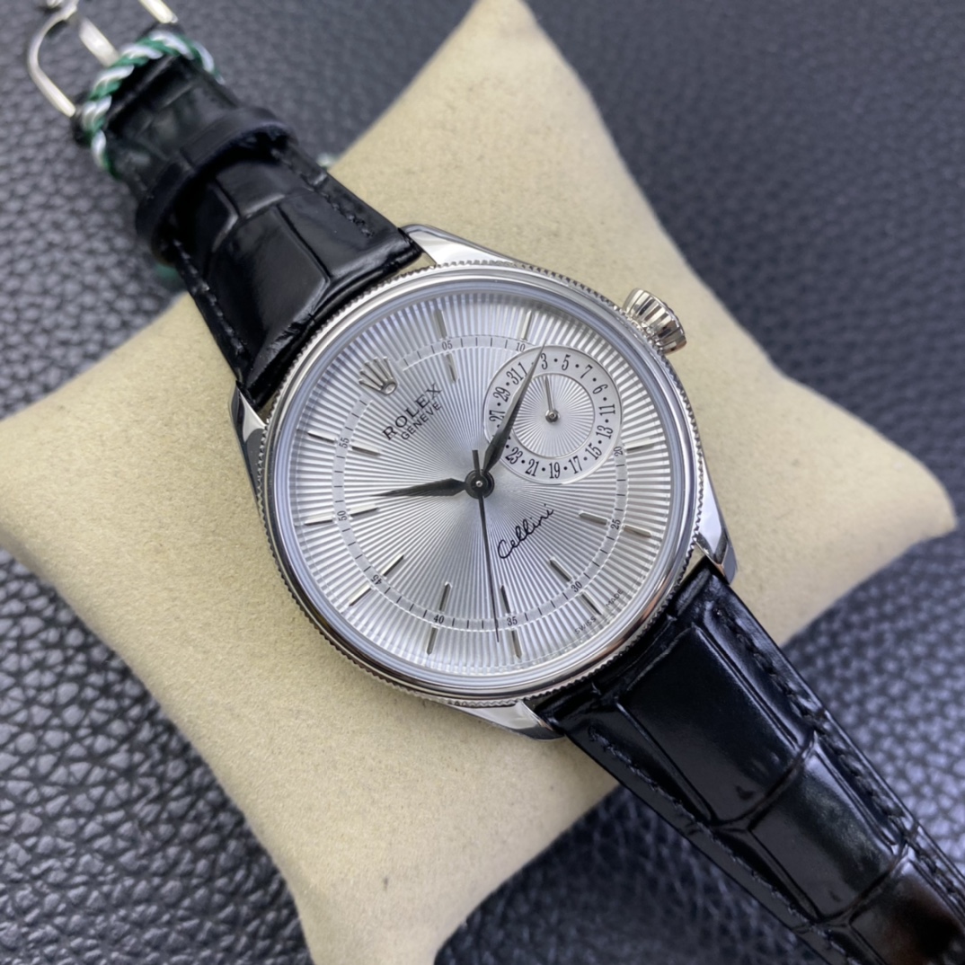 Rolex Cellini Date 50519 Black Leather Silver Dial 39mm Mens Replica Watch