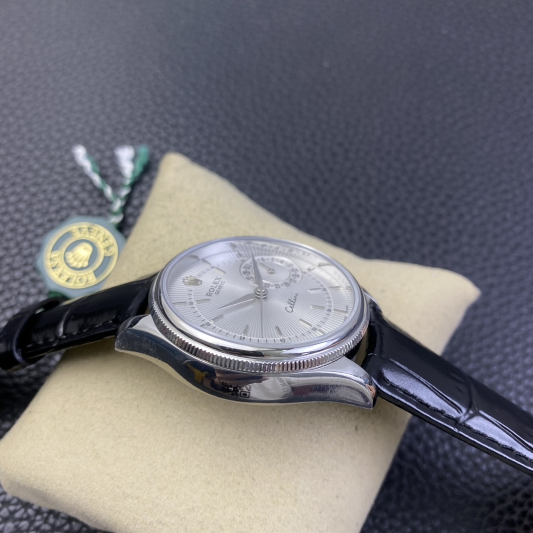 Rolex Cellini Date 50519 Black Leather Silver Dial 39mm Mens Replica Watch