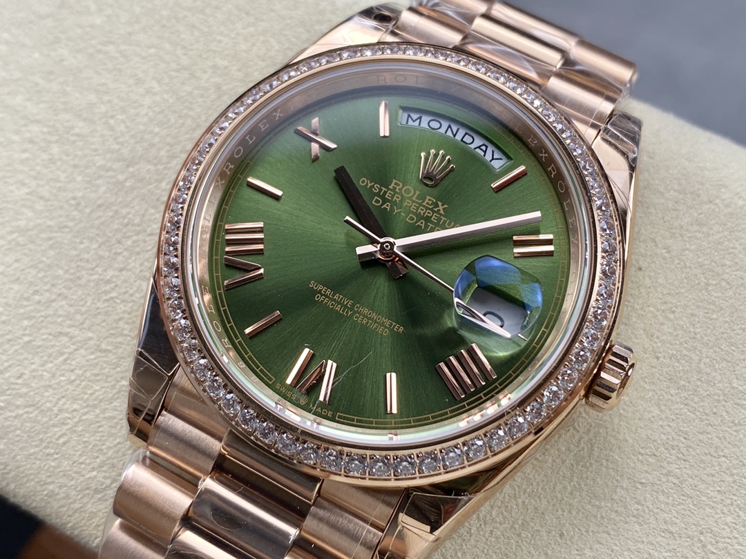Rolex Day-Date 228345RBR 0011 Olive Green Roman Dial Diamond Bezel 40mm Mens Replica Watch