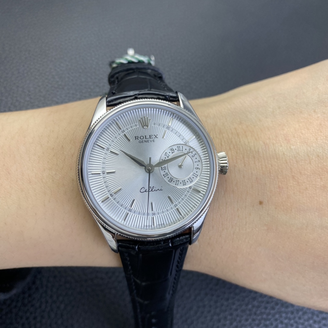 Rolex Cellini Date 50519 Black Leather Silver Dial 39mm Mens Replica Watch