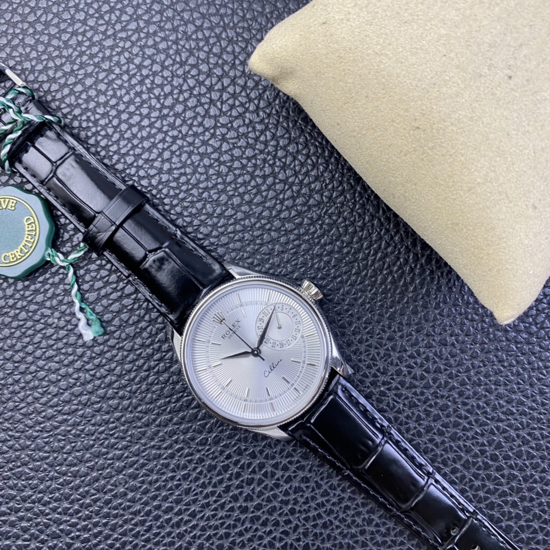 Rolex Cellini Date 50519 Black Leather Silver Dial 39mm Mens Replica Watch