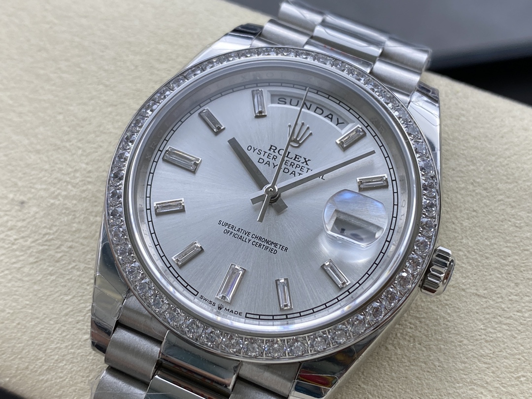 Rolex Day-Date 228349RBR Silver Dial Diamond Bezel 40mm Mens Replica Watch