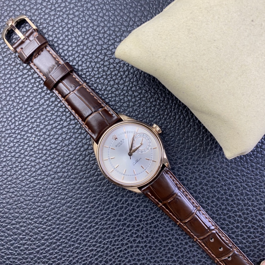 Rolex Cellini Date Rose Gold Silver Crocodile Leather Strap 50515 39mm Mens Replica Watch