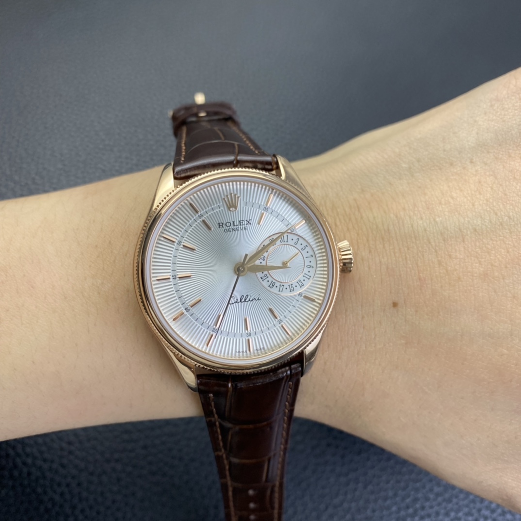 Rolex Cellini Date Rose Gold Silver Crocodile Leather Strap 50515 39mm Mens Replica Watch