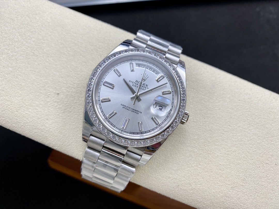 Rolex Day-Date 228349RBR Silver Dial Diamond Bezel 40mm Mens Replica Watch