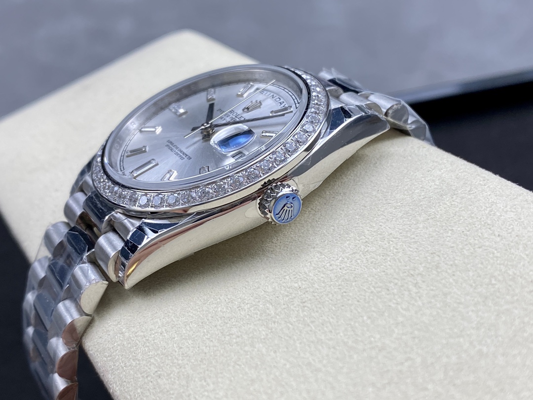Rolex Day-Date 228349RBR Silver Dial Diamond Bezel 40mm Mens Replica Watch