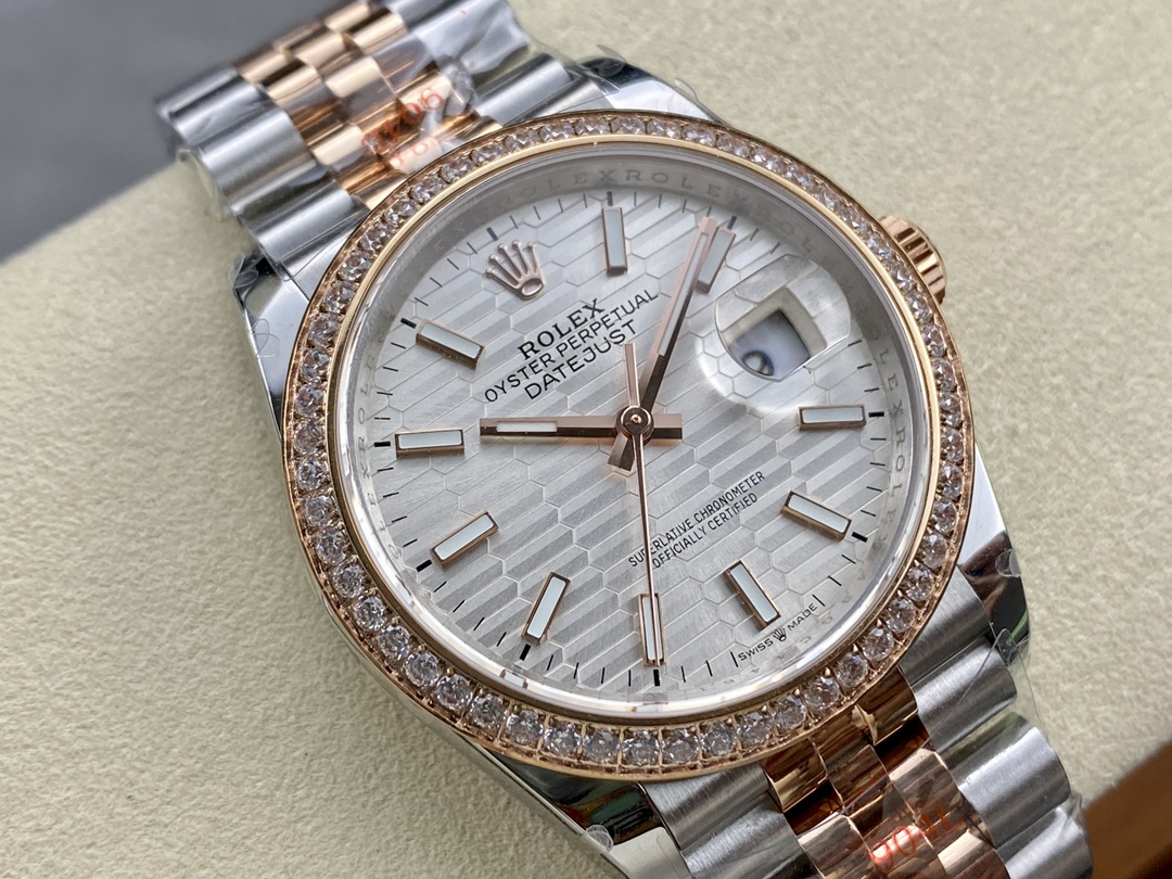 Rolex Datejust 36 Steel & Everose Gold Silver Fluted-Motif Dial Diamond Bezel M126281RBR 0021 Women's Watch