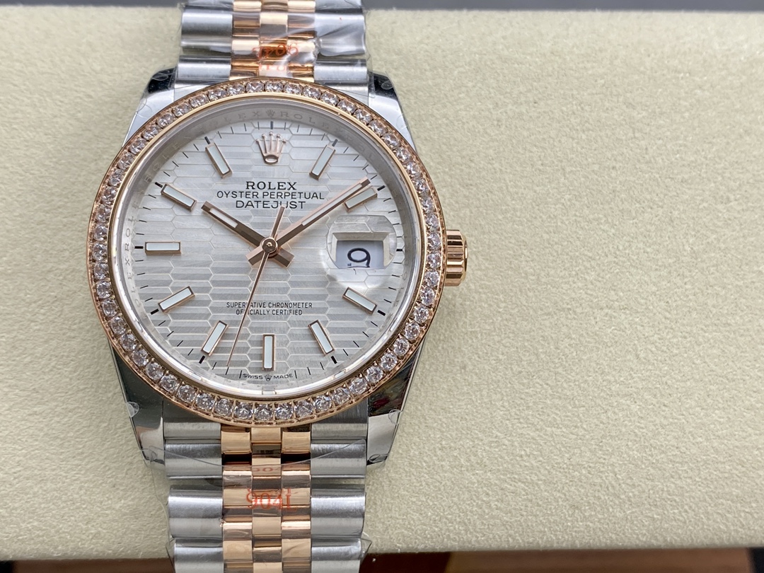 Rolex Datejust 36 Steel & Everose Gold Silver Fluted-Motif Dial Diamond Bezel M126281RBR 0021 Women's Watch