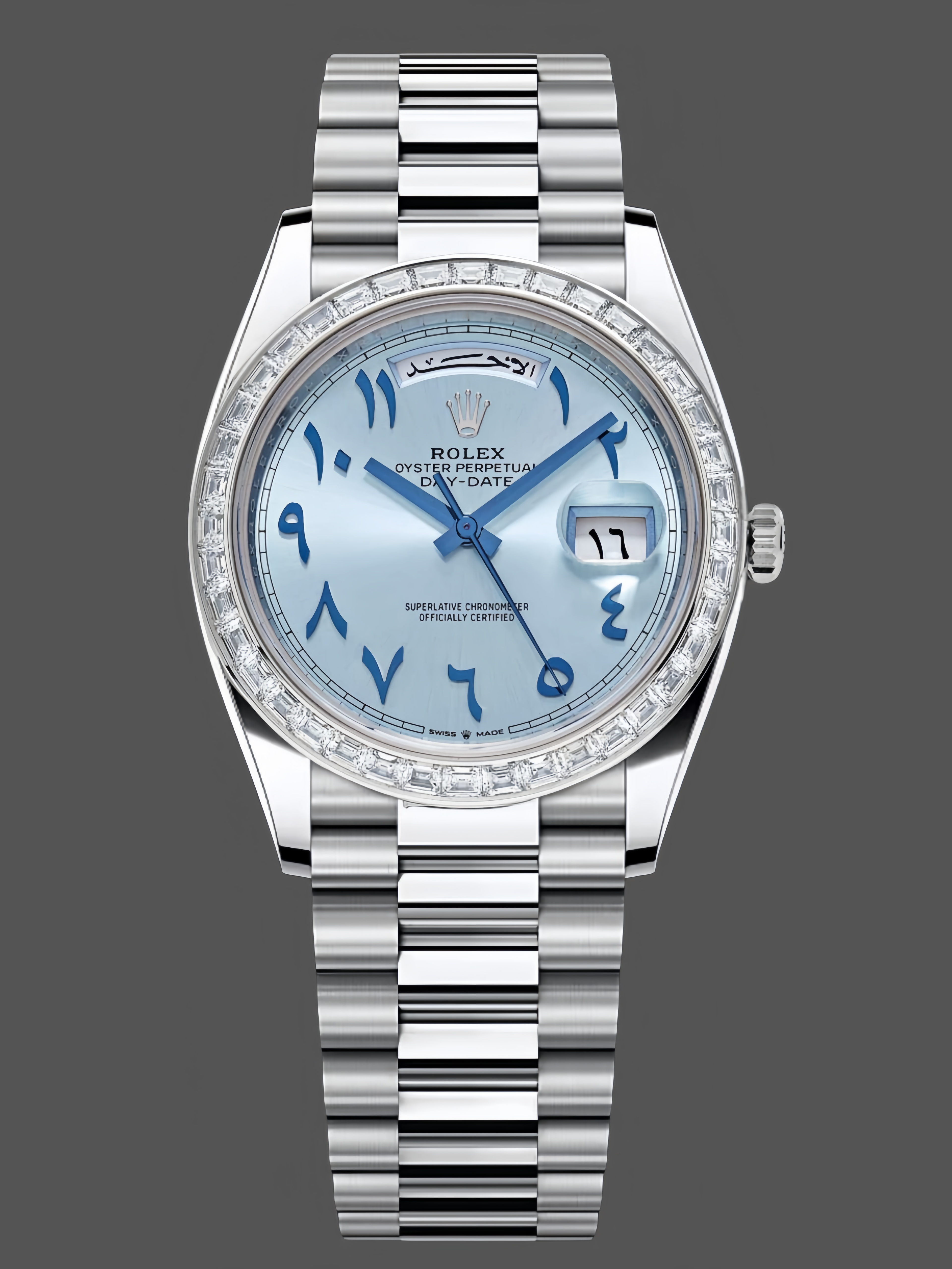 Rolex Day-Date 40mm Platinum Ice Blue Arabic Dial Diamond Bezel 228396TBR Men's Watch