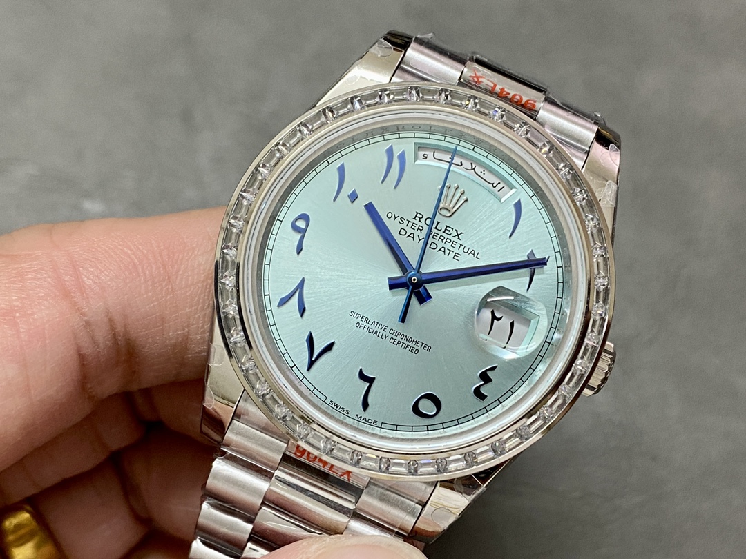 Rolex Day-Date 40mm Platinum Ice Blue Arabic Dial Diamond Bezel 228396TBR Men's Watch