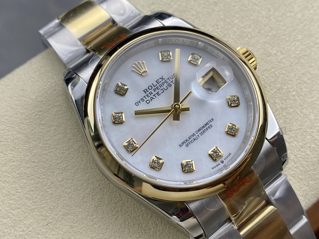 Rolex Datejust 36 Steel & Yellow Gold Mother of Pearl Diamond Dial M126203 0024 Women's Watch