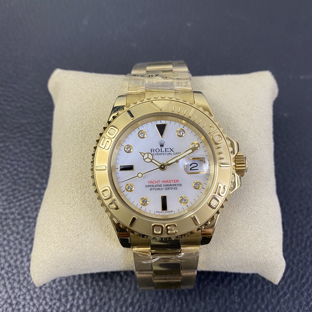 Rolex Yacht Master 168628 White Mother of Pearl Diamond Dial Yellow Gold Case 35mm Women's Watch