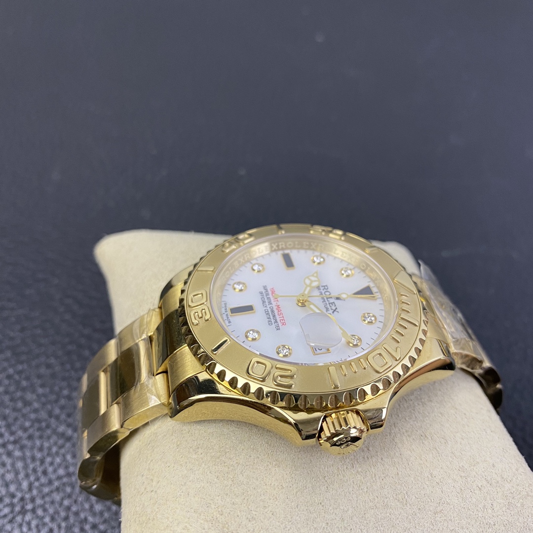 Rolex Yacht Master 168628 White Mother of Pearl Diamond Dial Yellow Gold Case 35mm Women's Watch