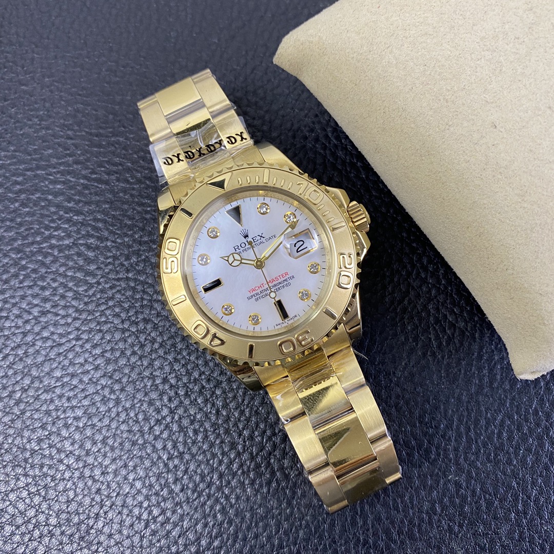 Rolex Yacht Master 168628 White Mother of Pearl Diamond Dial Yellow Gold Case 35mm Women's Watch