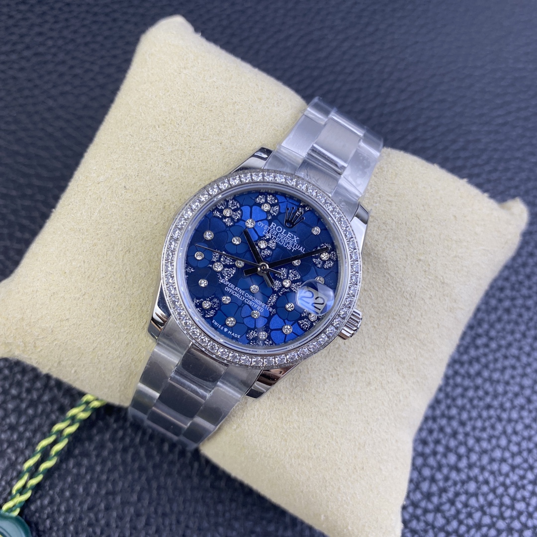 Rolex Datejust 31 Azzurro Blue Floral Motif with Diamonds Steel M278384RBR 0039 Ladies Watch