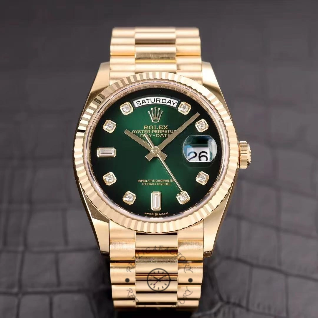 Rolex Day-Date 128238 Fluted Bezel Green Diamond Dial 36MM Unisex Replica Watch