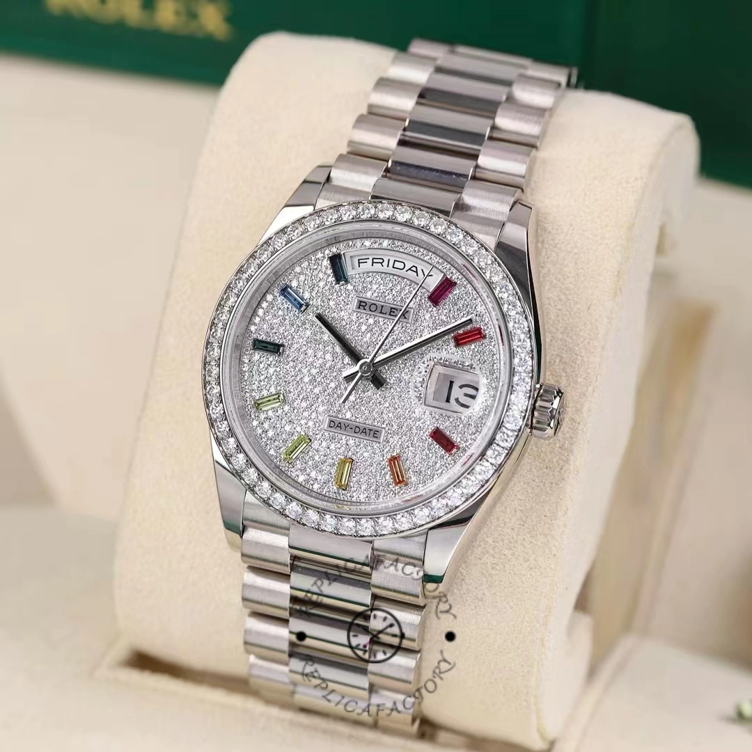 Rolex Day Date 36mm White Gold 128349RBR 0006 Pave Rainbow