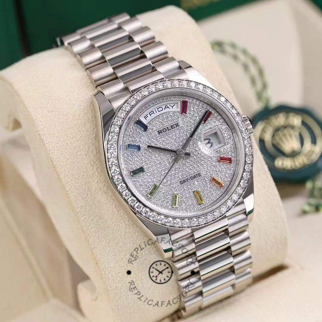 Rolex Day Date 36mm White Gold 128349RBR 0006 Pave Rainbow