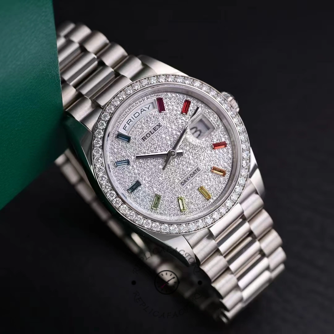 Rolex Day Date 36mm White Gold 128349RBR 0006 Pave Rainbow