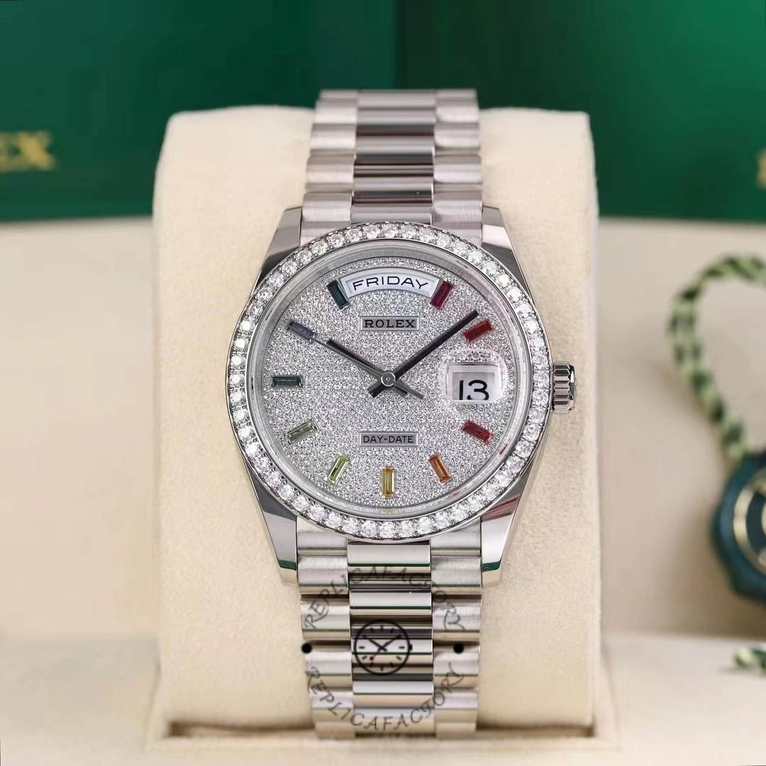 Rolex Day Date 36mm White Gold 128349RBR 0006 Pave Rainbow