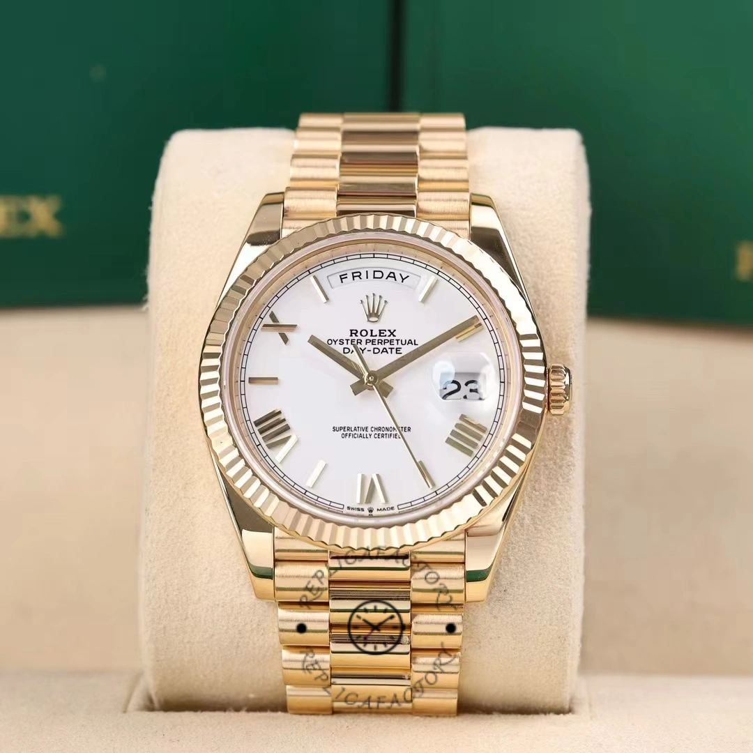 Rolex Day-Date 228238 White Roman Dial Fluted Bezel 40mm Mens Replica Watch