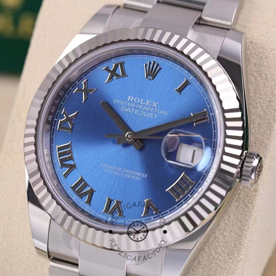 Rolex Datejust 126334 0025 Fluted Bezel Blue Roman Numeral Dial 41MM Mens Replica Watch