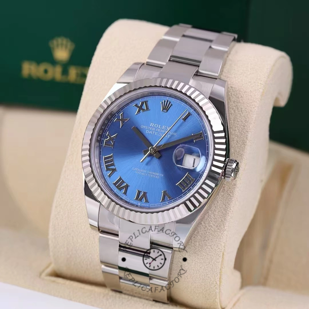 Rolex Datejust 126334 0025 Fluted Bezel Blue Roman Numeral Dial 41MM Mens Replica Watch