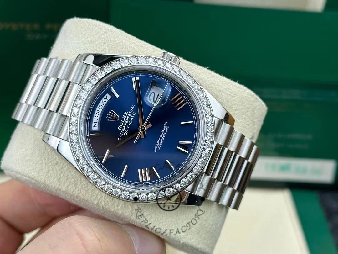 Rolex Day-Date 228349RBR Blue Roman Dial Diamond Bezel 40mm Mens Replica Watch