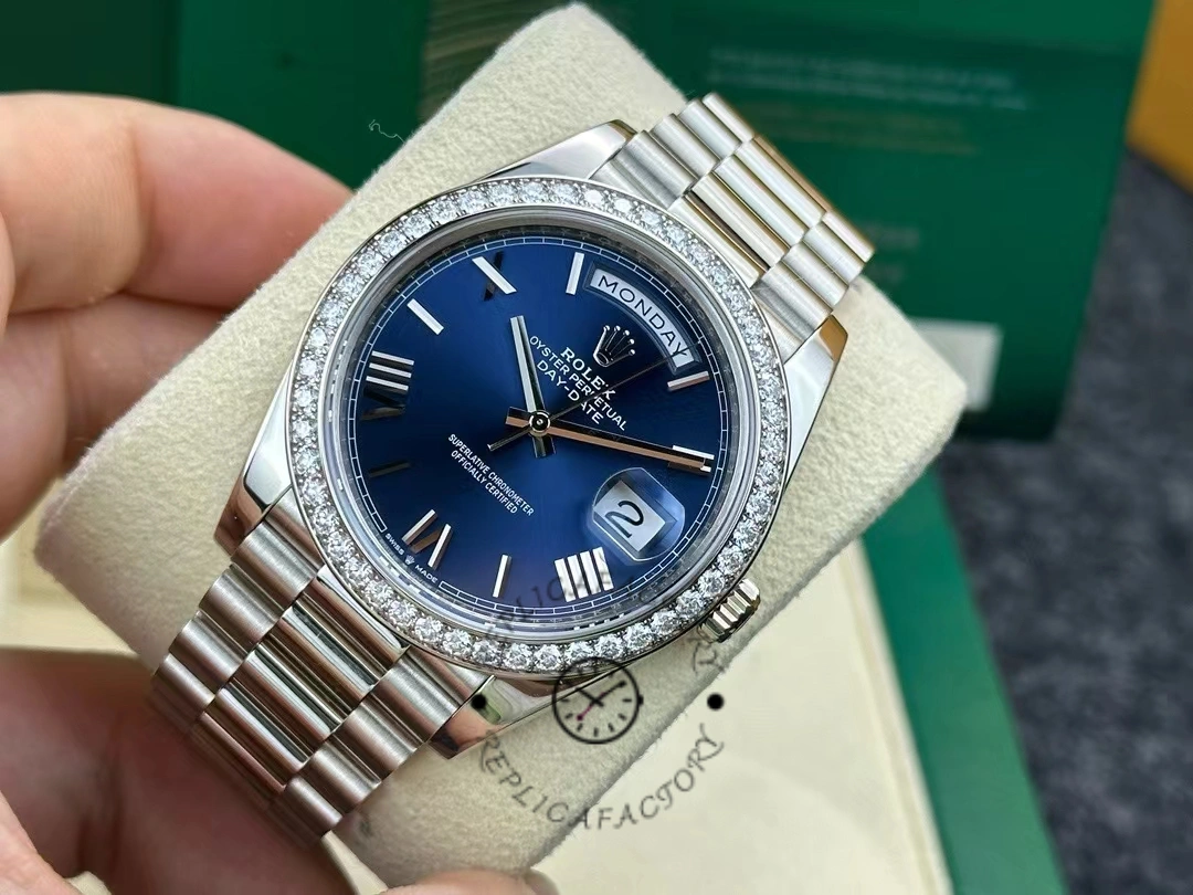 Rolex Day-Date 228349RBR Blue Roman Dial Diamond Bezel 40mm Mens Replica Watch