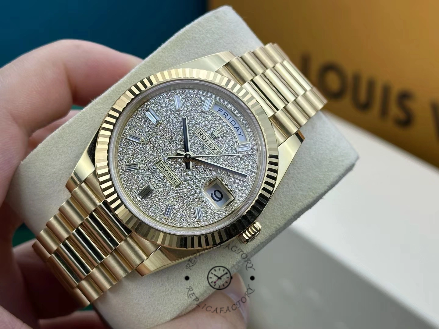 Rolex Day Date 40 Yellow Gold Pave Diamond Dial M228238 0054 Men's Watch