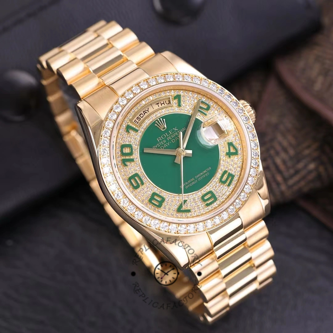 Rolex Day Date 118348 Green Diamond Dial Yellow Gold 36mm Unisex Replica Watch