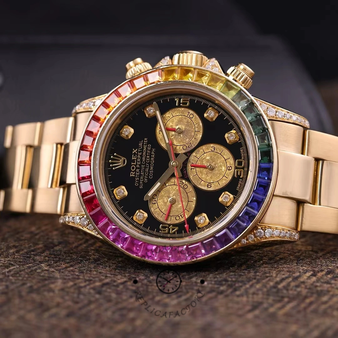 Rolex Daytona 116528 Rainbow Bezel Black Diamond Dial 40mm Mens Replica Watch