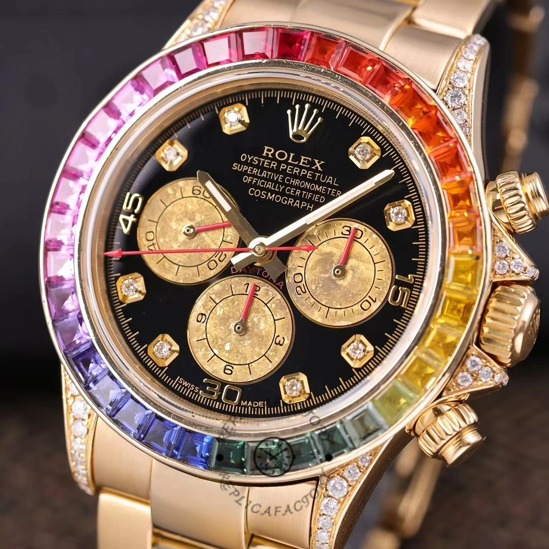 Rolex Daytona 116528 Rainbow Bezel Black Diamond Dial 40mm Mens Replica Watch