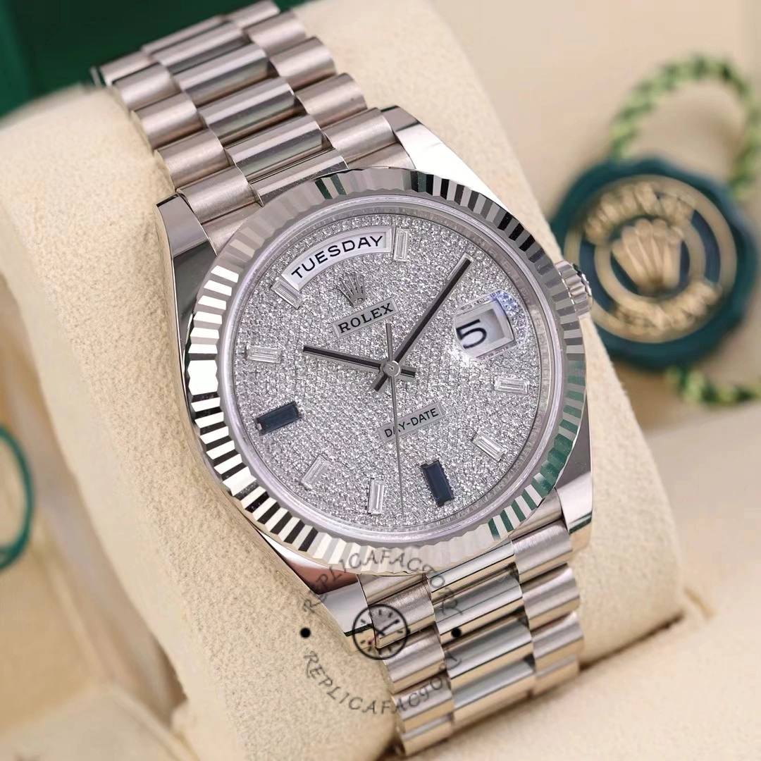 Rolex Day-Date 228239 Diamond Paved Dial Fluted Bezel 40mm Mens Replica Watch