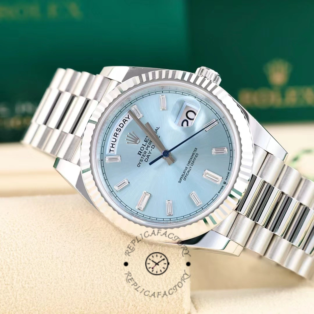 Rolex Day Date 40mm Platinum 228236 0006 Ice Blue Baguette