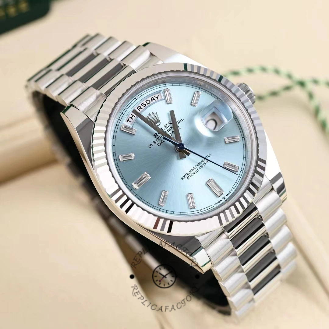 Rolex Day Date 40mm Platinum 228236 0006 Ice Blue Baguette