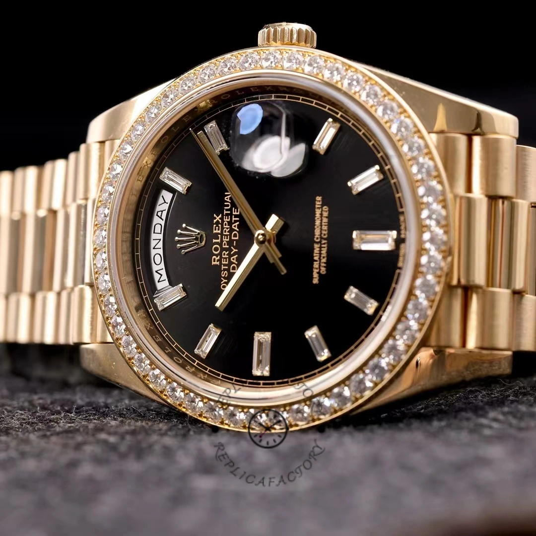 Rolex Day-Date 228348RBR 0039 Black Diamond Dial Diamond Bezel 40mm Mens Replica Watch