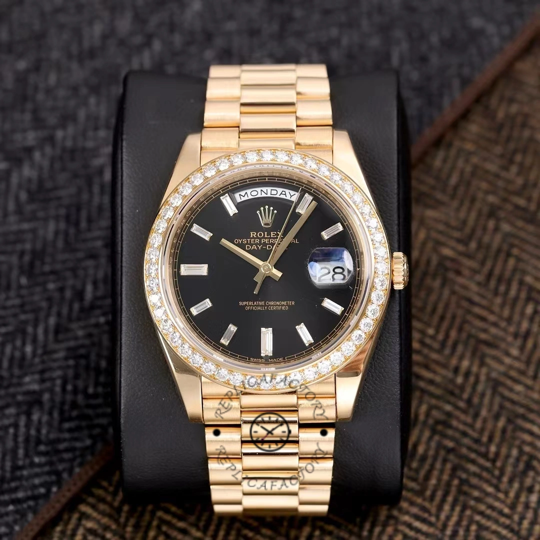 Rolex Day-Date 228348RBR 0039 Black Diamond Dial Diamond Bezel 40mm Mens Replica Watch