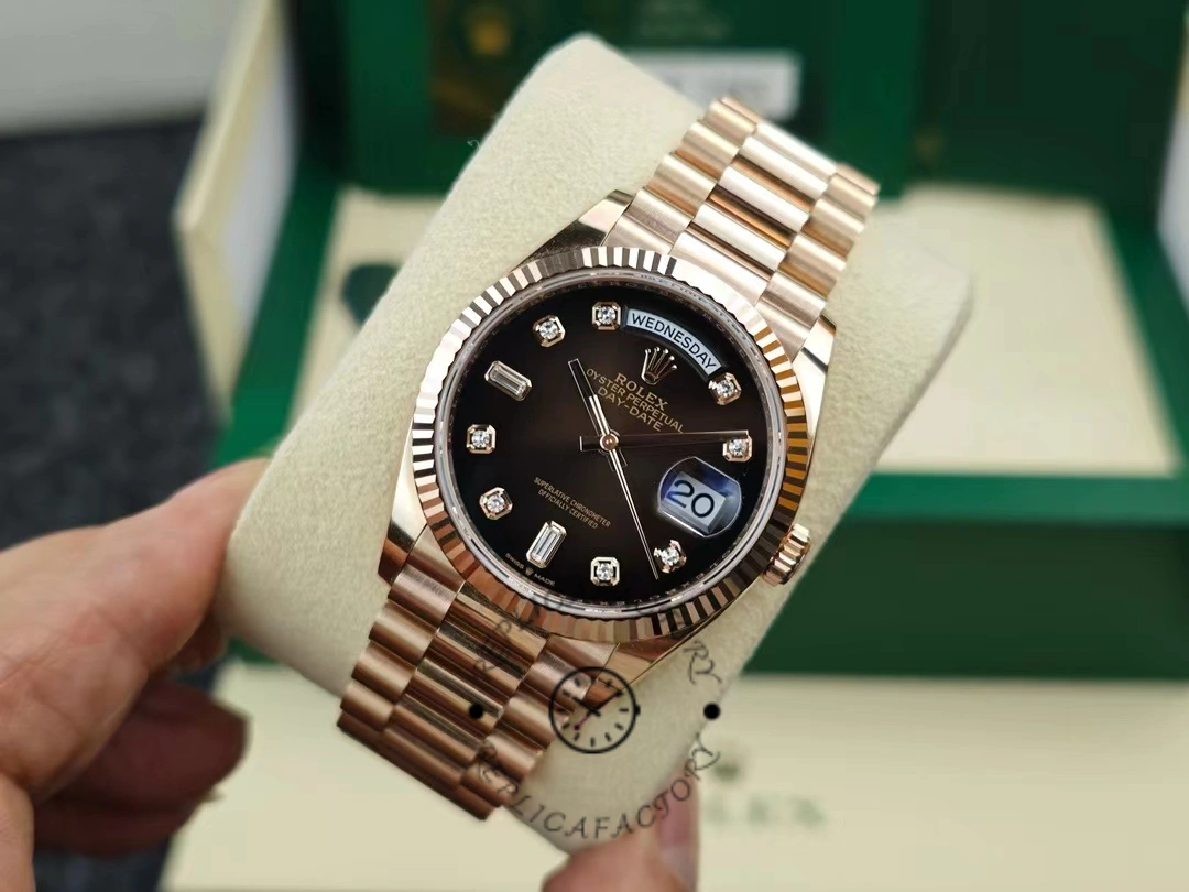 Rolex Day-Date 128235 Everose Gold Brown Ombre Diamond Dial 36MM Unisex Replica Watch