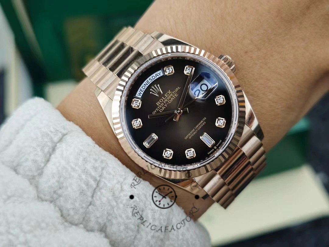Rolex Day-Date 128235 Everose Gold Brown Ombre Diamond Dial 36MM Unisex Replica Watch