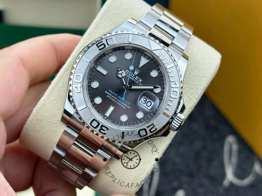 Rolex Yacht-Master 126622 platinum bezel grey dial real photo on display cushion