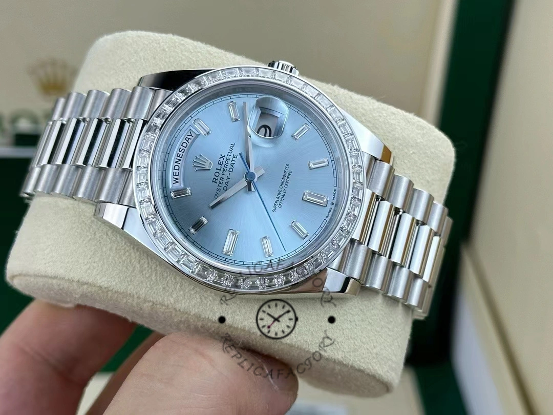 Rolex Day-Date 228396TBR Ice Blue Diamond Dial Diamond Bezel 40mm Mens Replica Watch