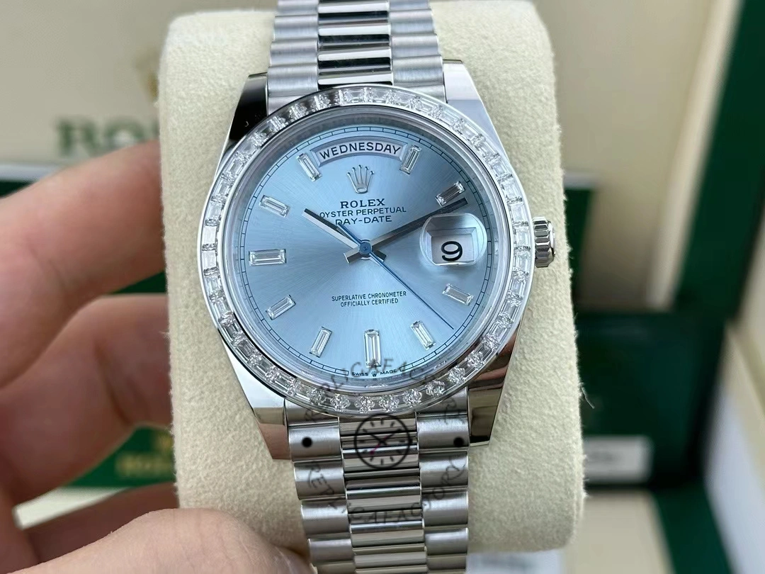 Rolex Day-Date 228396TBR Ice Blue Diamond Dial Diamond Bezel 40mm Mens Replica Watch