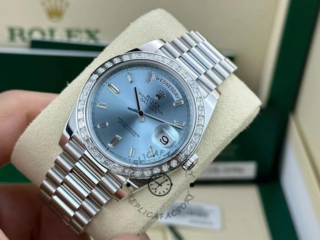 Rolex Day-Date 228396TBR Ice Blue Diamond Dial Diamond Bezel 40mm Mens Replica Watch