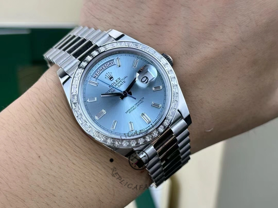 Rolex Day-Date 228396TBR Ice Blue Diamond Dial Diamond Bezel 40mm Mens Replica Watch