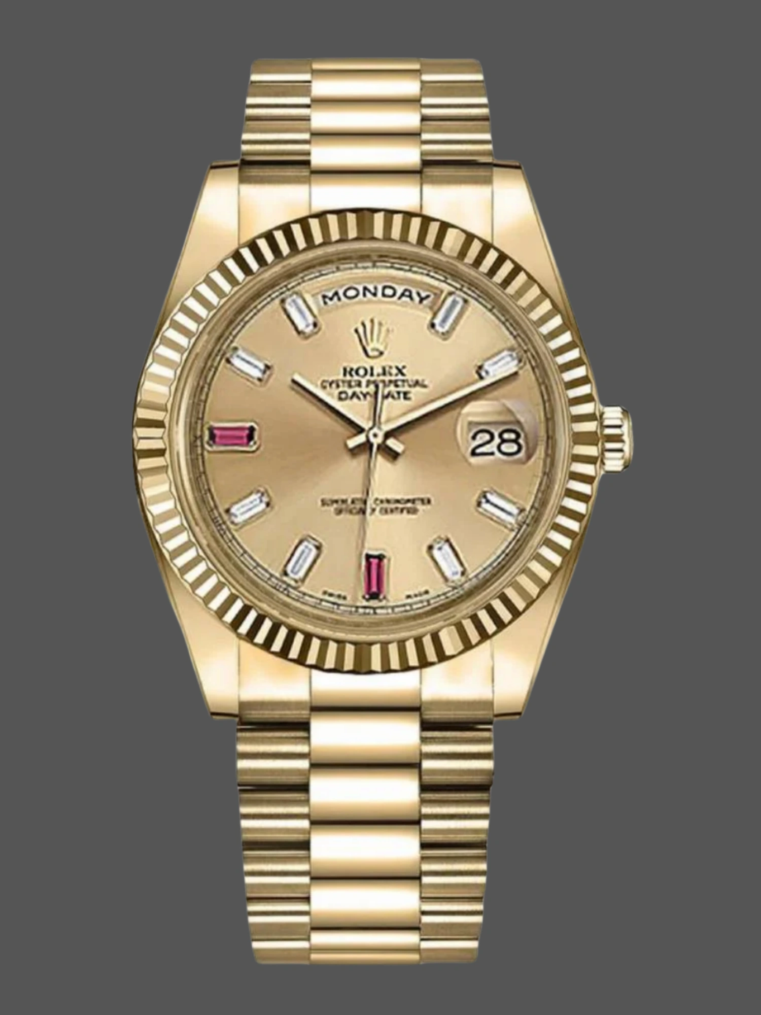 Rolex Day-Date 218238 Champagne Ruby Dial Yellow Gold 41MM Mens Replica Watch