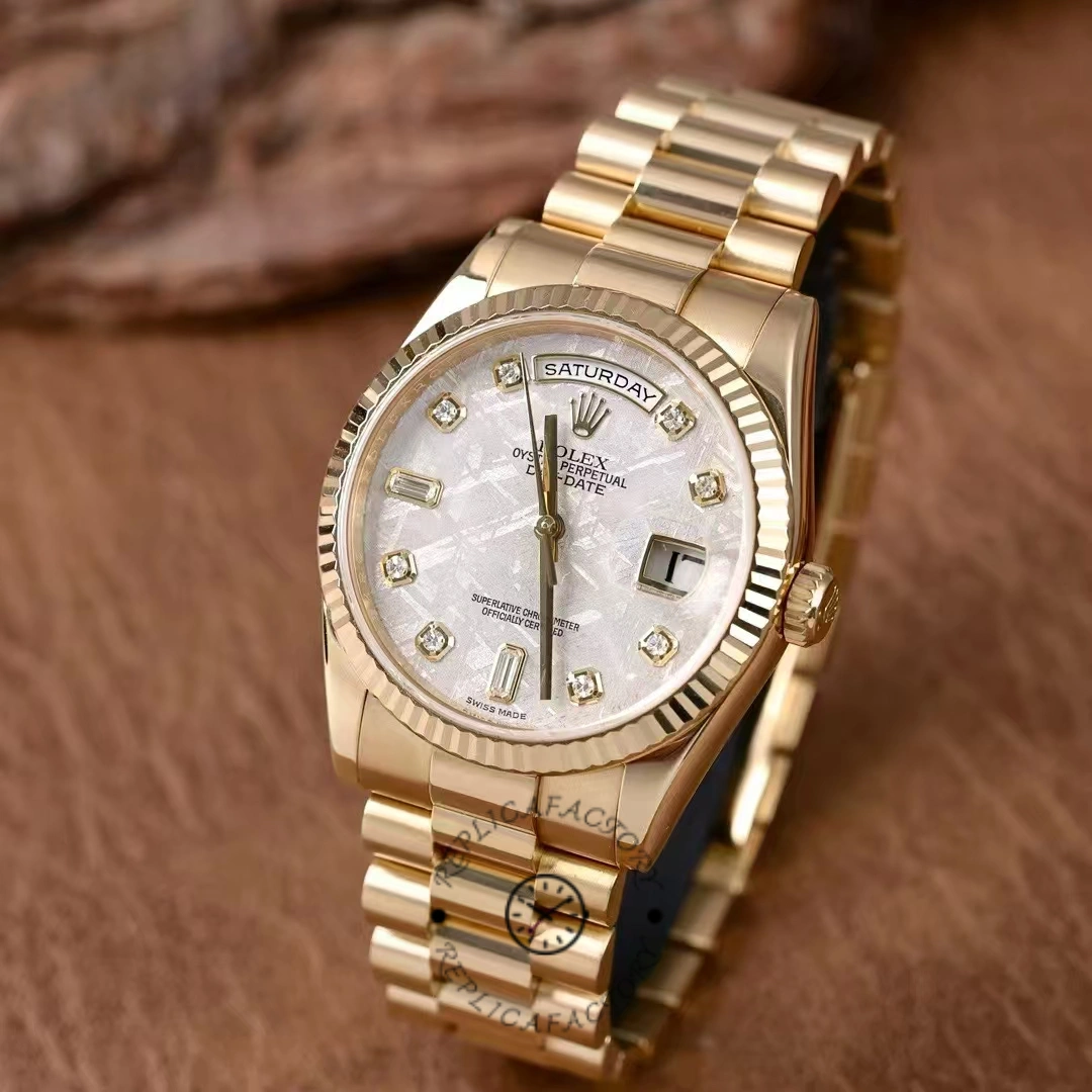 Rolex Day-Date 118238 Yellow Gold Diamond Meteorite Dial 36mm Unisex Replica Watch
